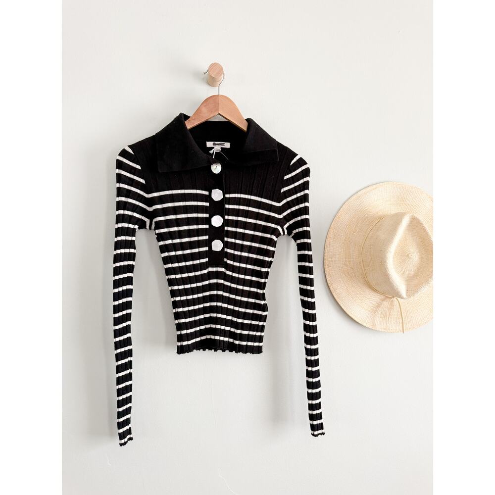 Madewell | NWT Ribbed Polo Sweater Black Ivory Stripe | Sz S - Picture 2 of 10